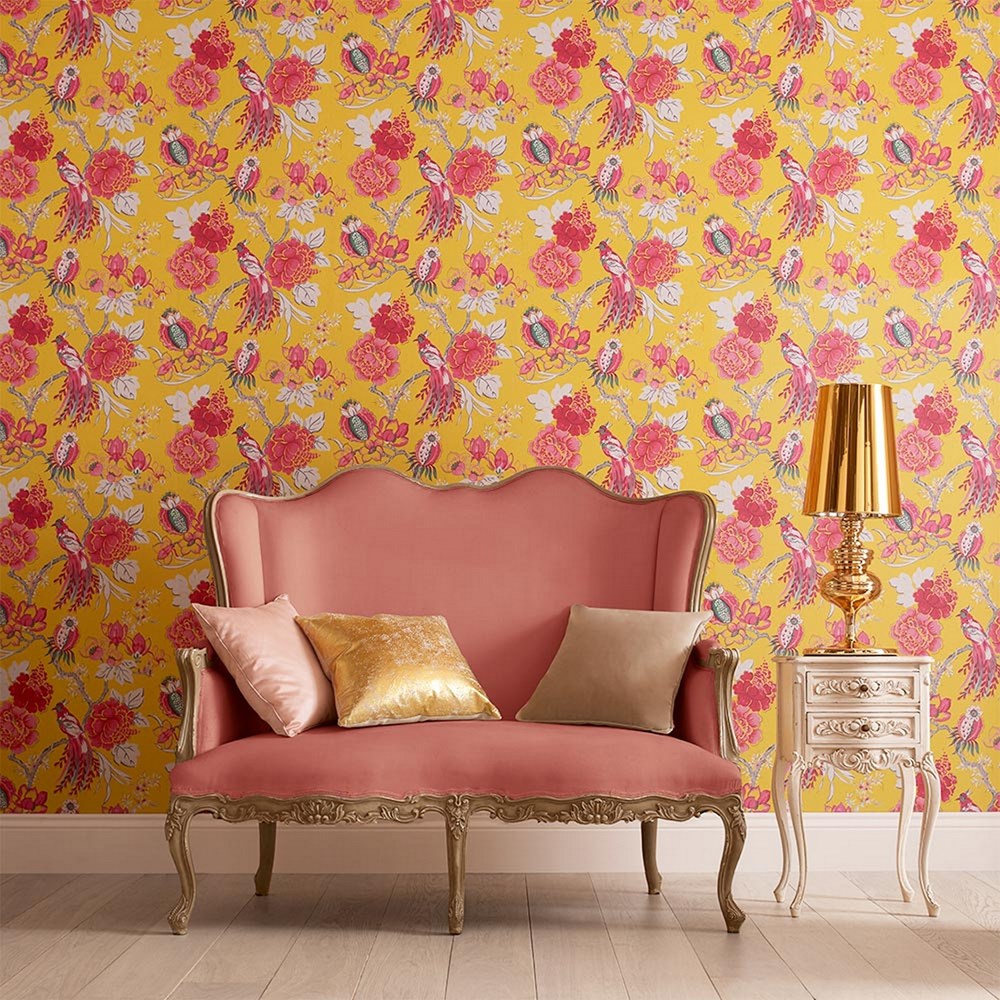 Chinoiserie Floral Wallpaper 104269 by Graham & Brown in Canary Yellow